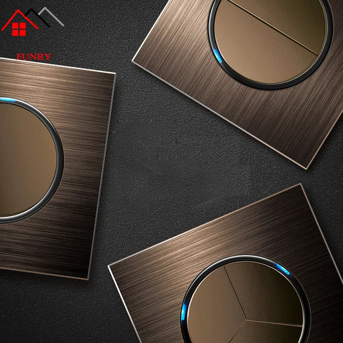 1 2 3 4 Gang 1 Way 2 Way Household Wall Switch Socket Aluminum Brushed Brown Panel LED Indicator Switch 86*86mm