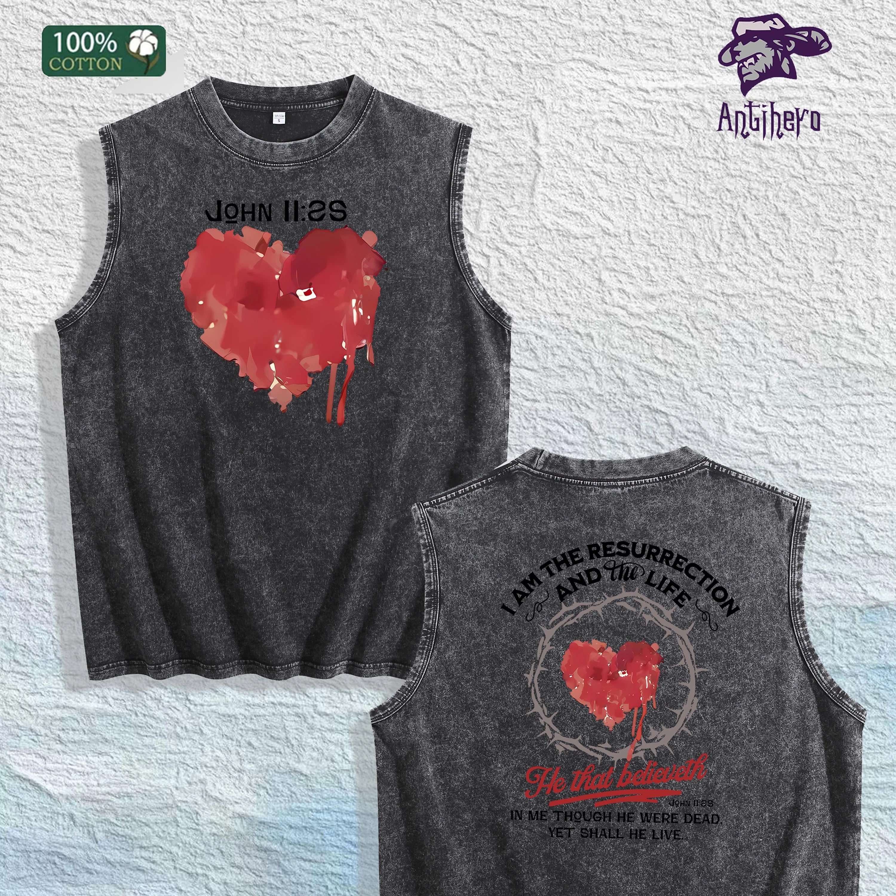 Religious Heart - Printed Washed Vest US Local Warehouse 3 Colors Cotton Breathable Trendy Top