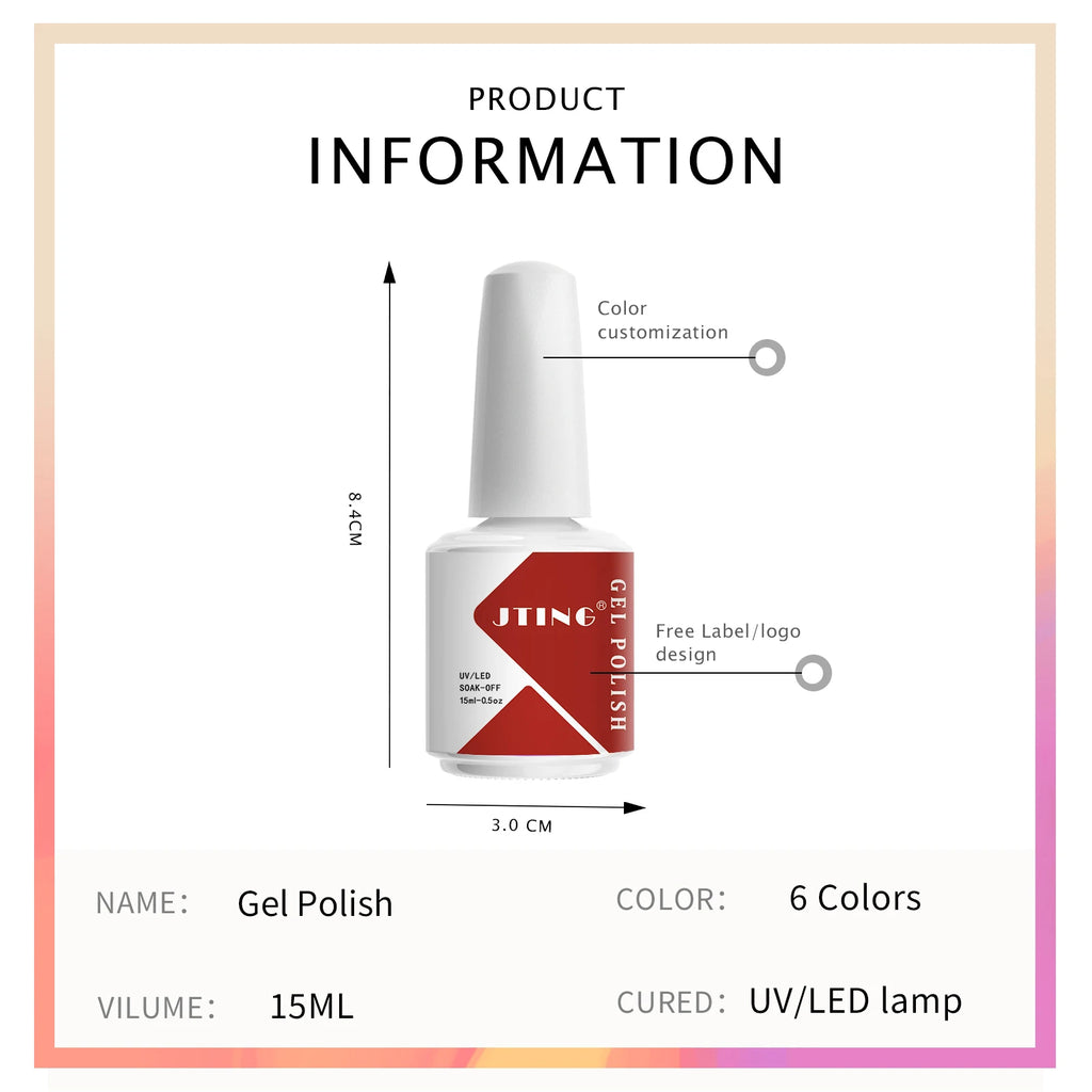 JTING Acrylic Nail Art Gel Polish UV Gel OEM Wholesale 6 Colors Set 15ml Bottles Gel NAIL Polish Kit Custom Private Label