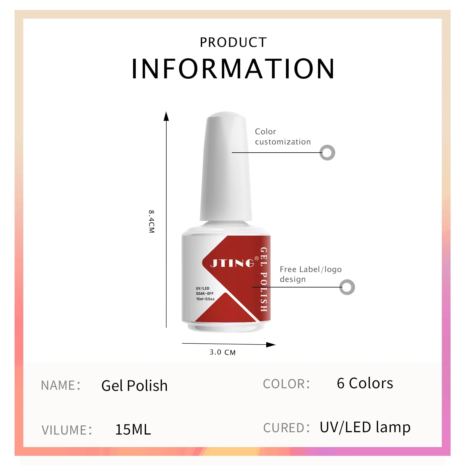 JTING Acrylic Nail Art Gel Polish UV Gel OEM Wholesale 6 Colors Set 15ml Bottles Gel NAIL Polish Kit Custom Private Label