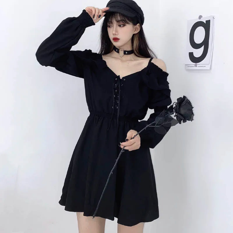 Zoki Harajuku Gothic Women Dress Y2K Summer Sexy Off Shoulder Black Bandage Mini Dress Fashion Elegant Party Night Vestidos New
