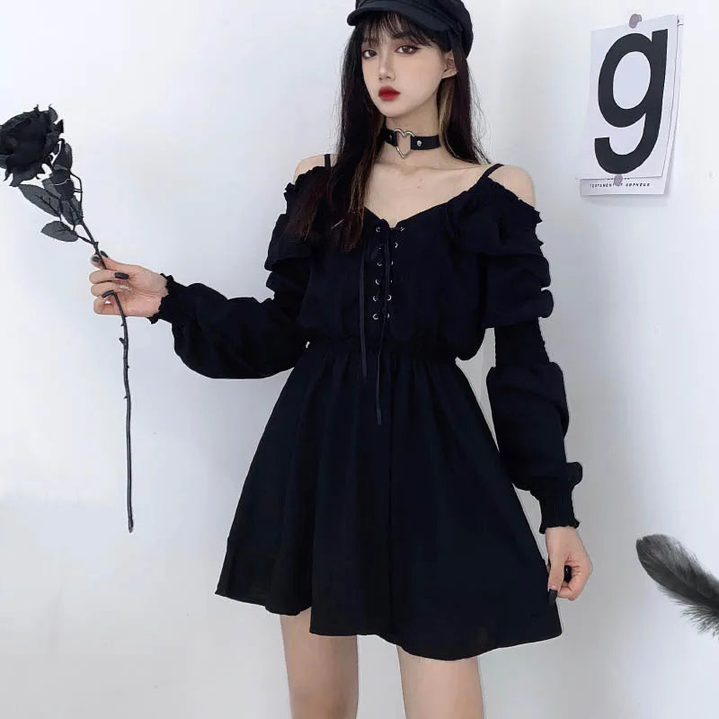 Zoki Harajuku Gothic Women Dress Y2K Summer Sexy Off Shoulder Black Bandage Mini Dress Fashion Elegant Party Night Vestidos New