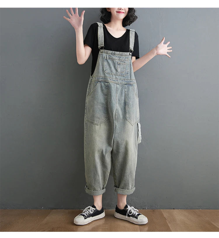 Boyfriend Loose Jeans Overalls For Women Casual Plus Size Wide Leg Denim Jumpsuit Straps Baggy Cargo Pants Big Pockets Dungarees