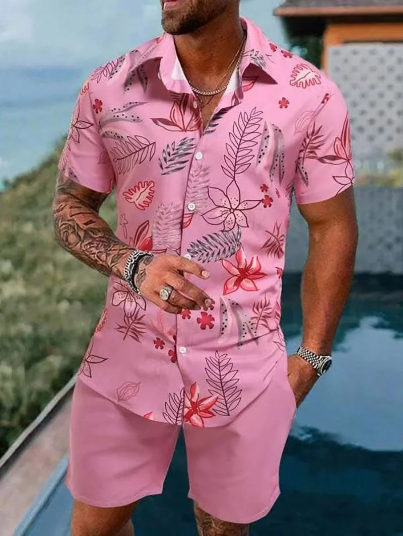 New Men Sets Print Patchwork Lapel Short Sleeve Casual Shirt Beach Shorts Summer Men Streetwear Vacation Hawaiian Suits