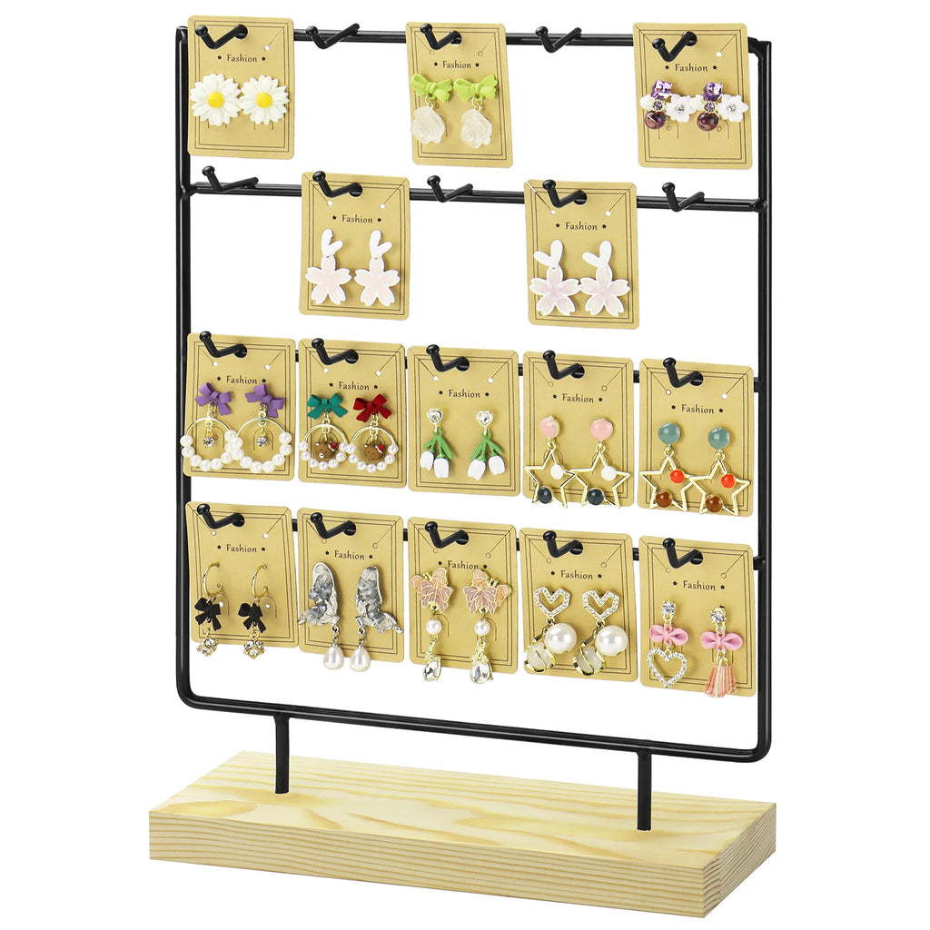 4 Tier 20 Hooks Earring Display Stands Jewelry Display Wooden Base Earring Holder Organizer for Necklaces Rings Bracelets Black