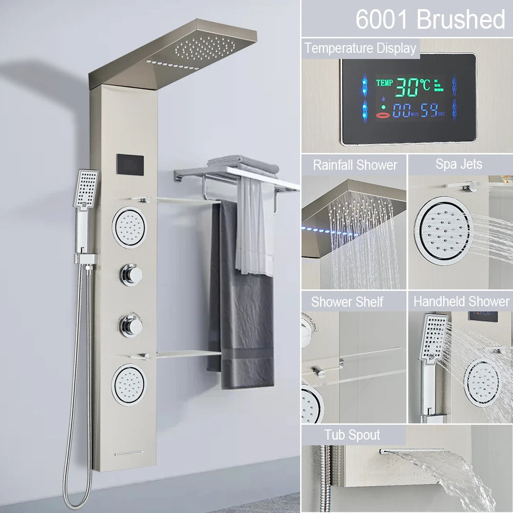 LED Shower Panel Waterfall Rain Digital Display Shower Faucet Set SPA Massage Jet Bathroom Column Mixer Tap Tower System