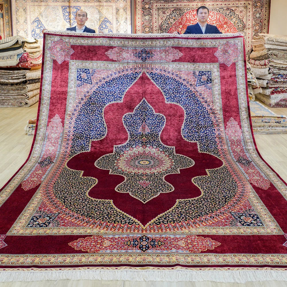 9x12ft Persian Red Hand Knotted Oriental Silk  Rugs Living Room Large Turkish Made in Turkey Silk Rug