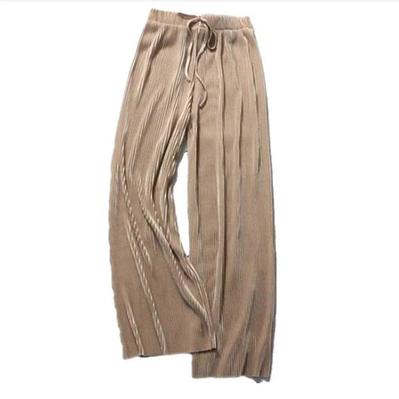 Women Fashion Summer Wide Leg Pants Pleated Ice Silk Trousers Elastic Waist Loose Casual Classic Base Girls Gifts Wear Pants