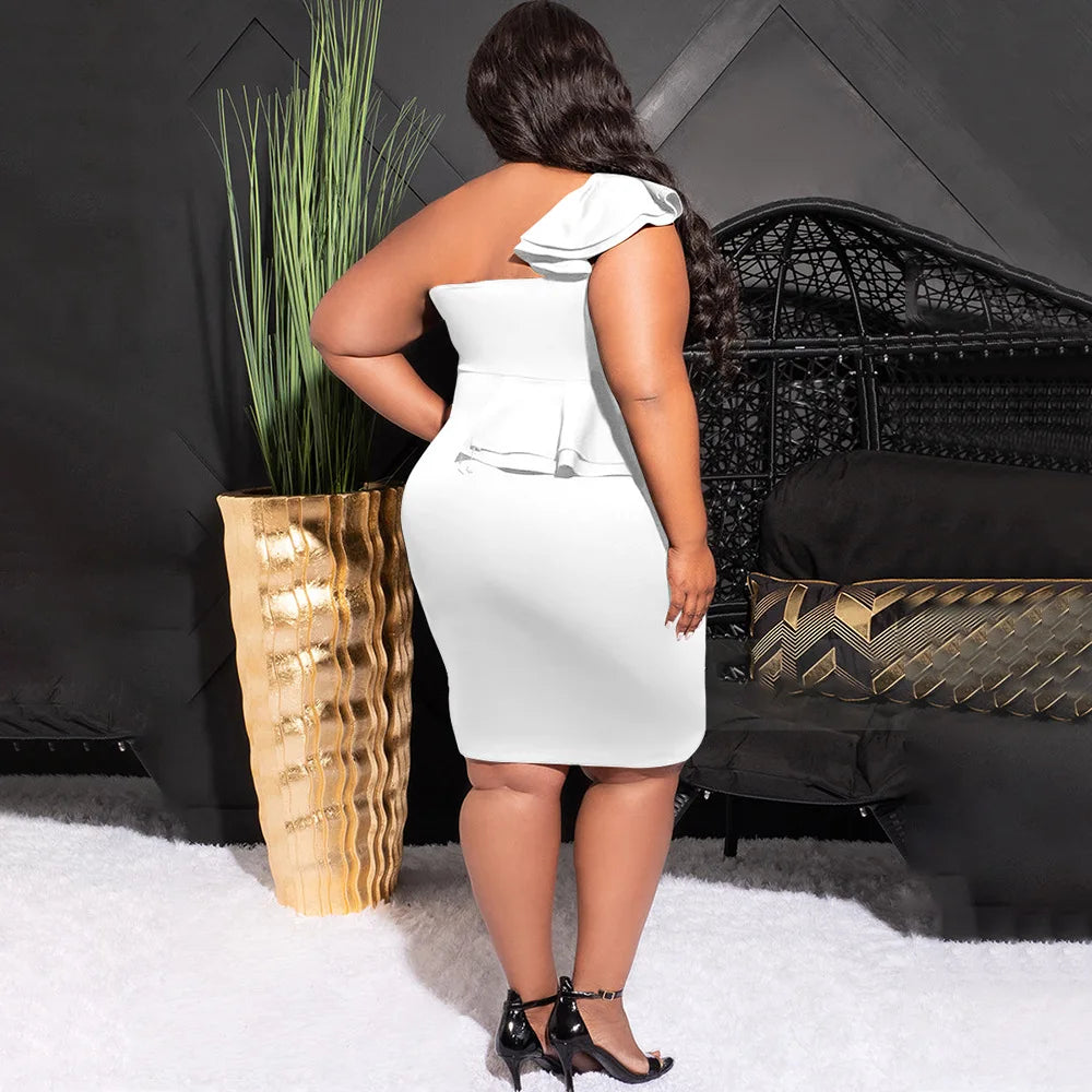 European and American Fashion Casual Ruffled Split Shoulder Sleeve Bag Hip Split Plus Size Dress