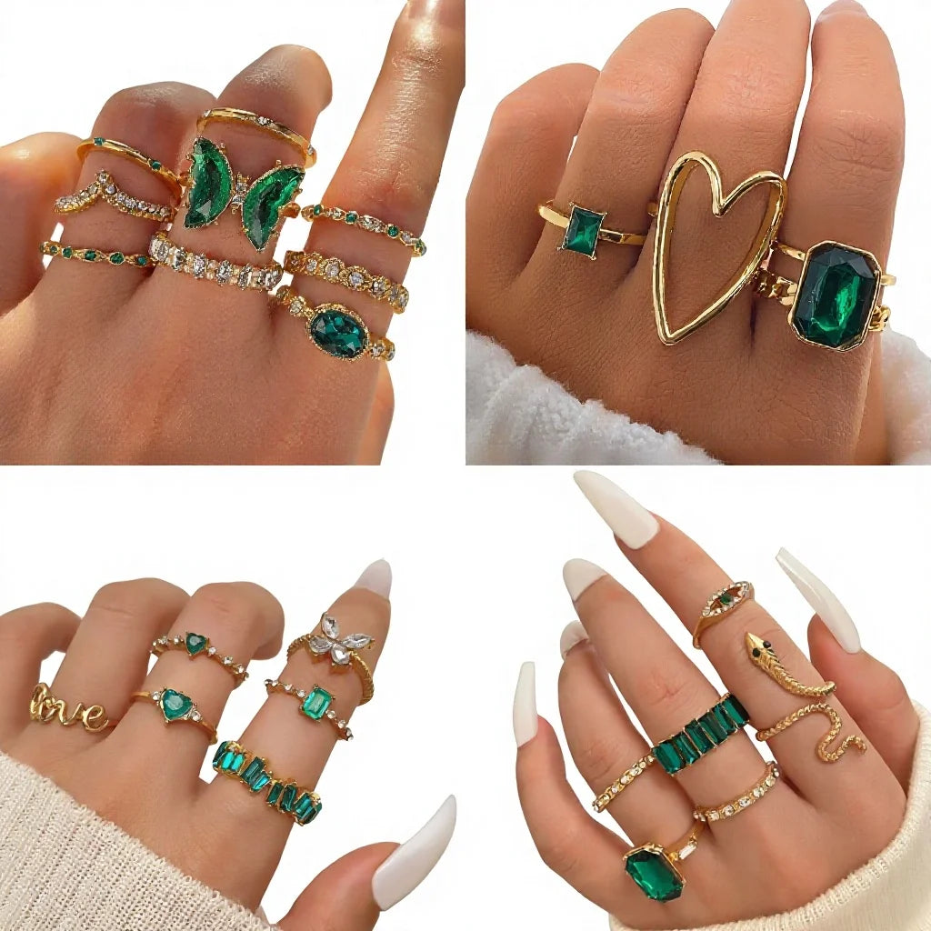 Wholesale New Fashion Green Stone butterfly Snake Gold Ring Set for Women Jewelry Heart Diamond Finger Knuckle Rings Set