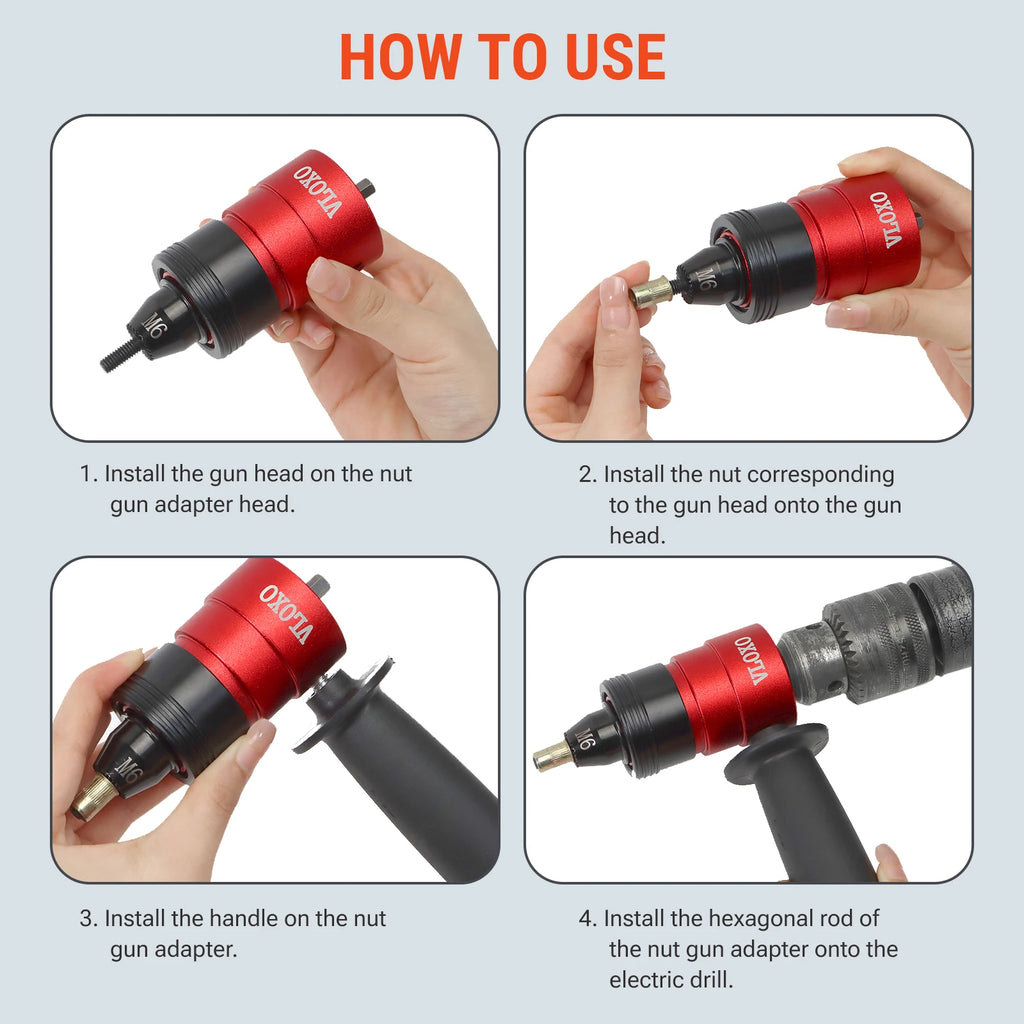 VLOXO Portable Handheld Electric Rivet Nut Gun Automatic Female Gun Head Cordless Riveting Power Drill Tool Kit