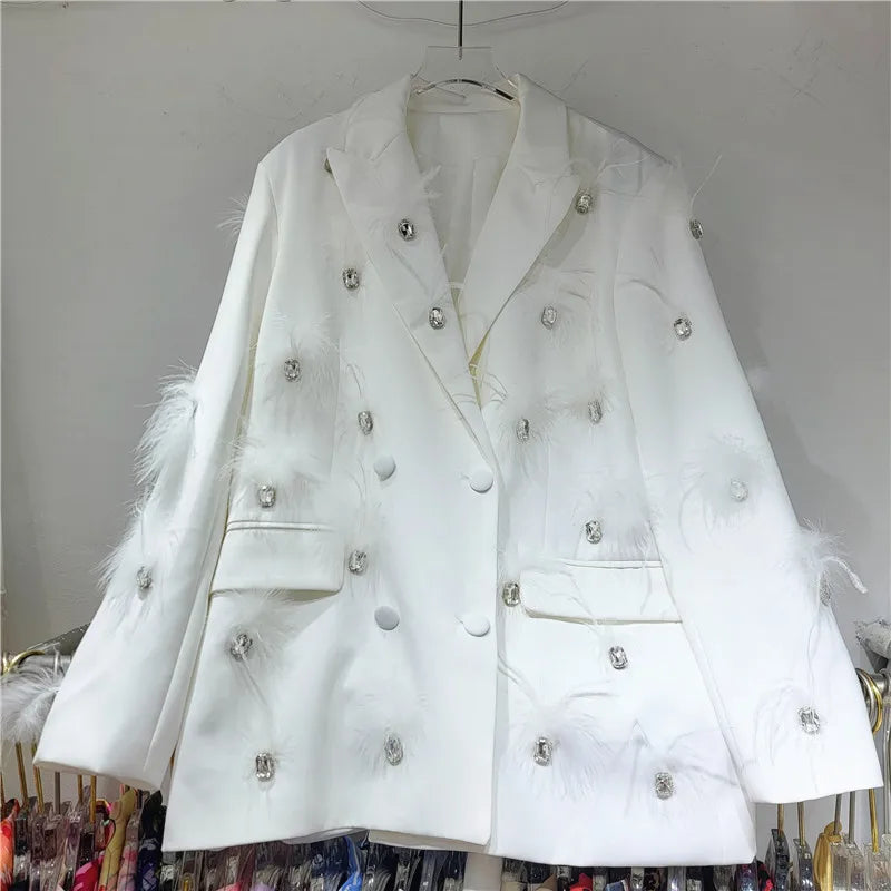Boutique Wholesale 2026 Autumn New Fashionable French Design Water Diamond Splicing Feather Double Breasted Loose Women's Suit