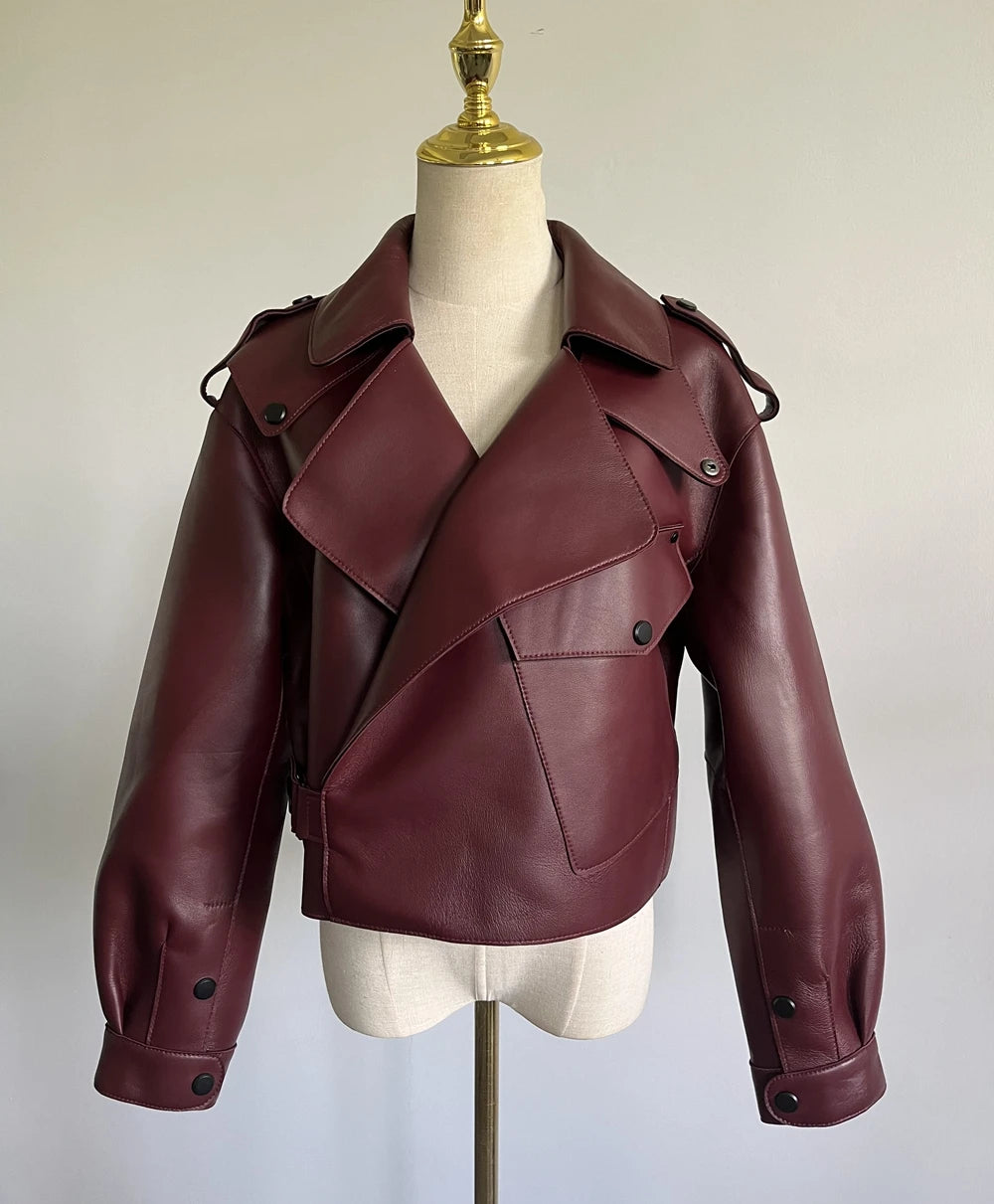 QC20003 New Burgundy Waterproof Casual Leather Jacket Genuine Leather All Seasons