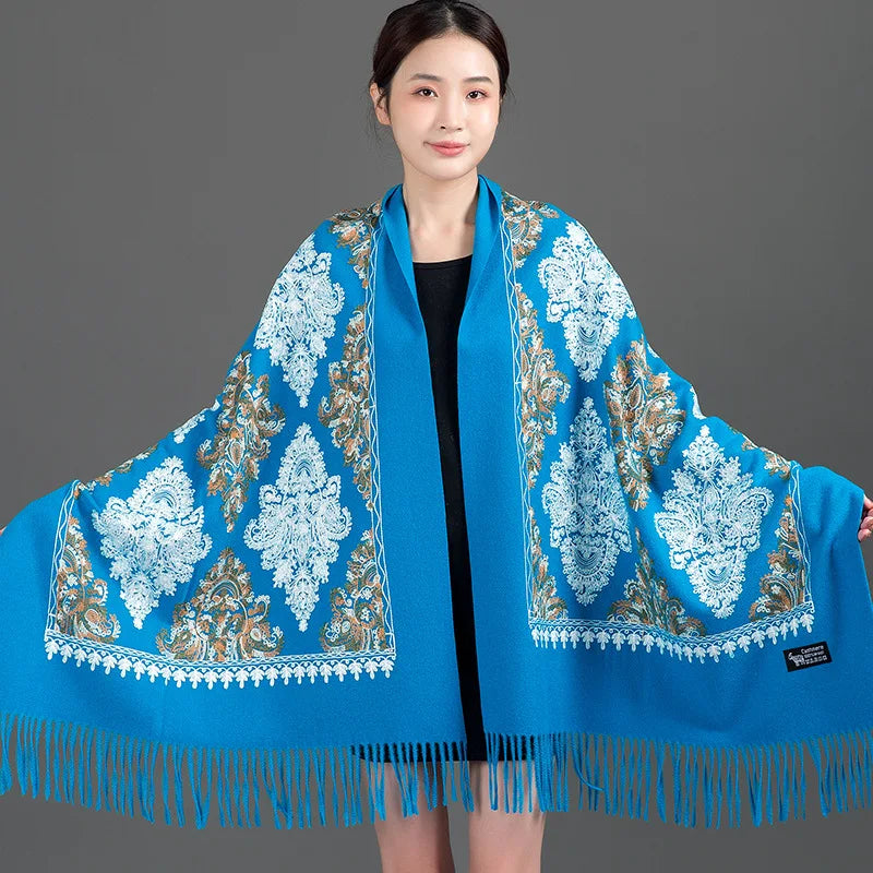 Women's Thick Warm Cashmere Winter Poncho Scarf Long Shawl Delicate Embroidery Wholesale Traditional Scarves Shawls Supplier