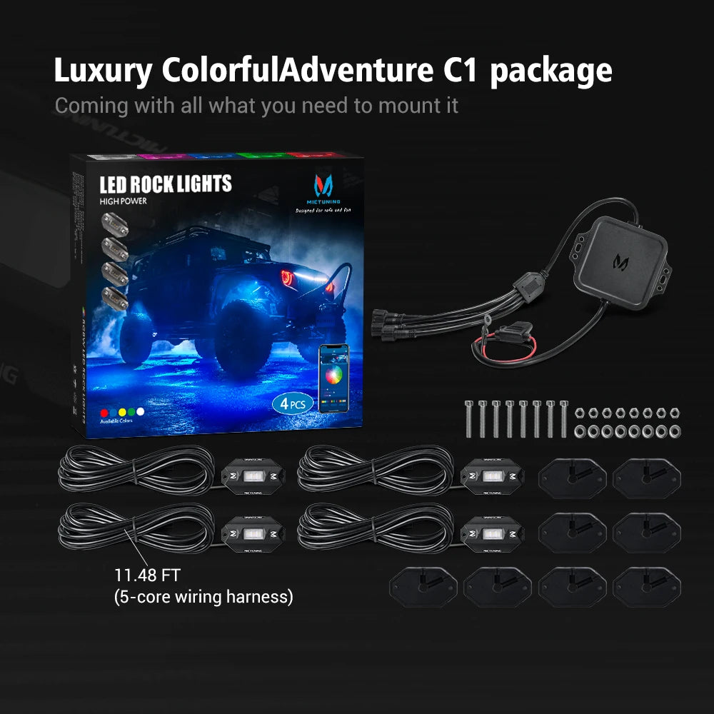 MICTUNING RGBW LED Rock Lights with Bluetooth Controller, Timing Function, Music Mode - C1 4Pods Multicolor Neon LED Light Kit