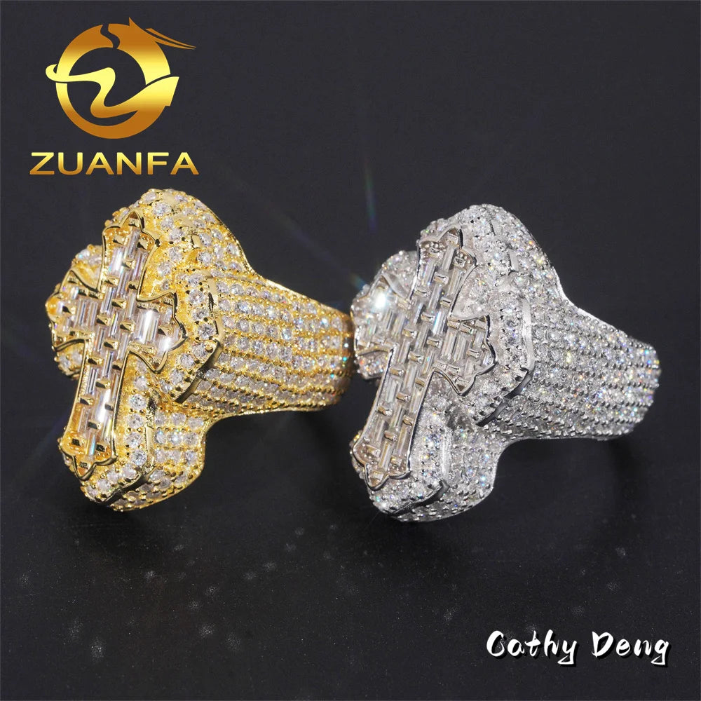 Hot Sale Instock  Iced Out Cross Moissanite Diamond Rings 925 Sterling Silver Hip Hop Ring Pass Diamond Tester Men Cuban Ring