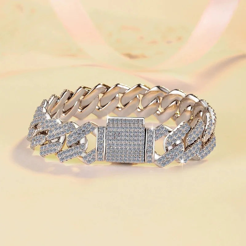 Lerca Fashion Hip Hop Cuban Bracelet S925 Silver  11CT Exaggerated Rhombus Inlaid Moissanite Simulated Diamond  Hand Jewelry
