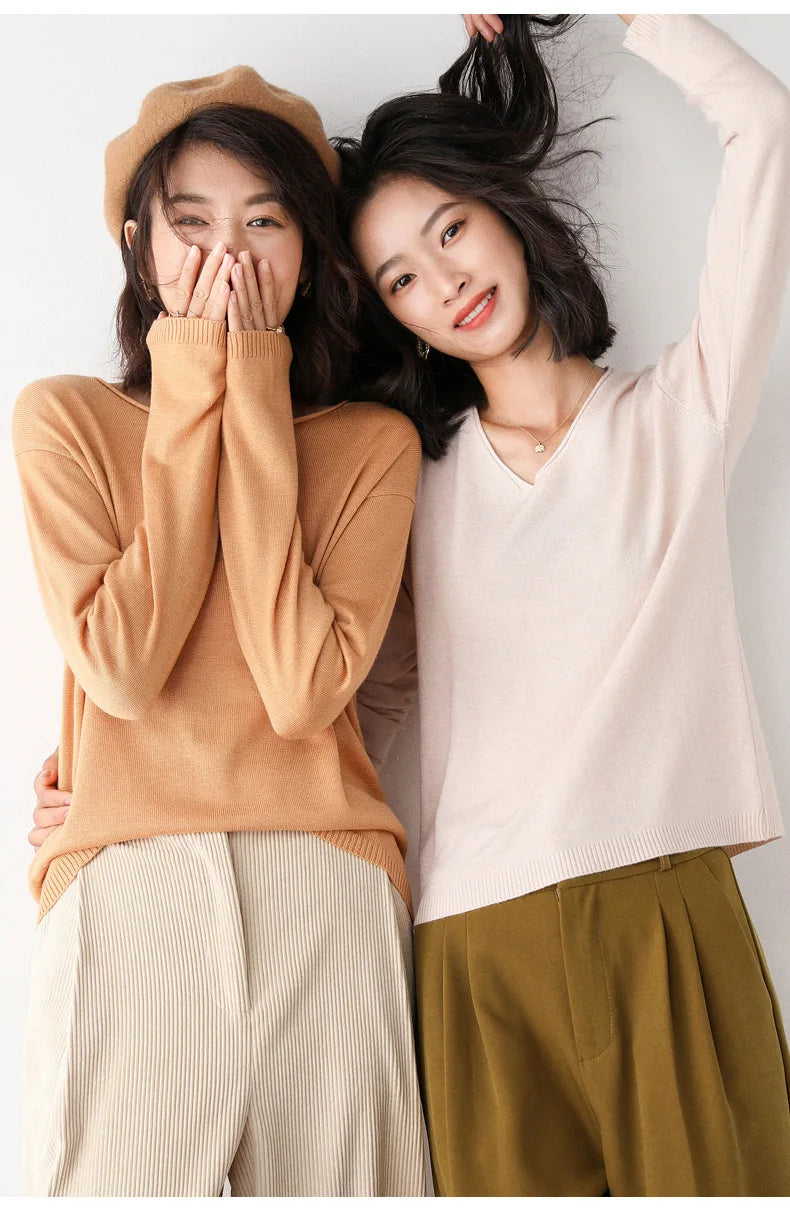 2025 Spring Autumn Womens Sweater Solid Knitwear Korean Loose Female Basic Casual Jumpers Stretch Pullover Sky Blue Pink Sweater