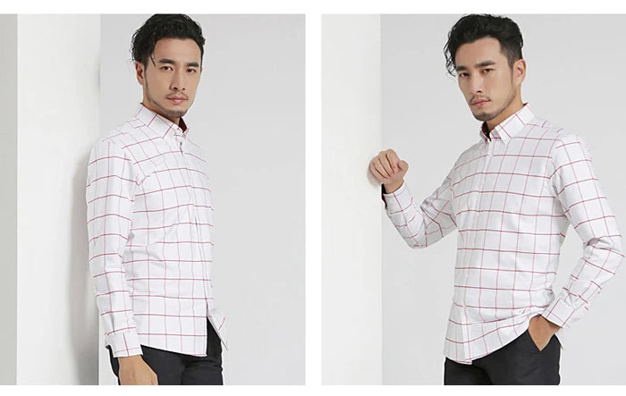 Men's Long Sleeve Thick Cotton Oxford Shirts with Front Pocket High Quality Smart Casual Stripe Plaid Button Down Dress Shirt