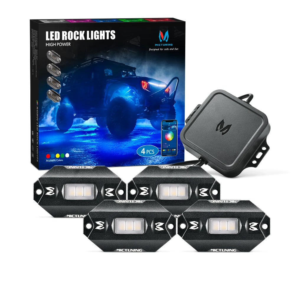 MICTUNING RGBW LED Rock Lights with Bluetooth Controller, Timing Function, Music Mode - C1 4Pods Multicolor Neon LED Light Kit