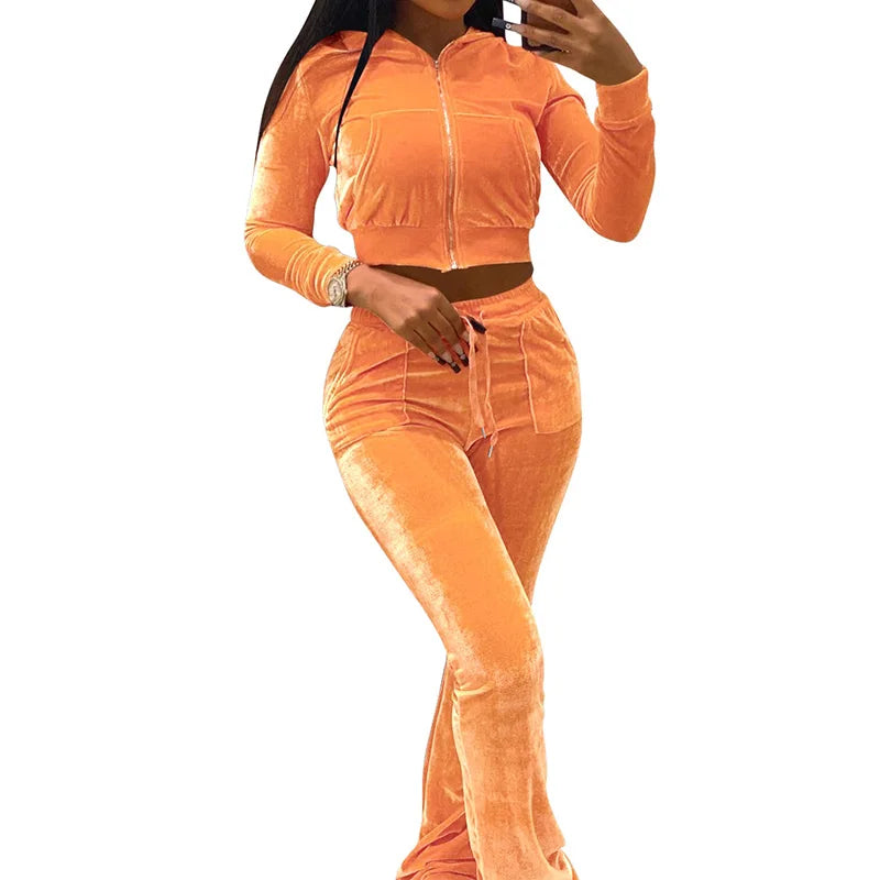 Ladies 2pcs Flare Pants Outfit Gym Wear Sweatpants and Hoodie Velour Joggers Sweatsuits Velvet Two Piece Set Tracksuit for Women
