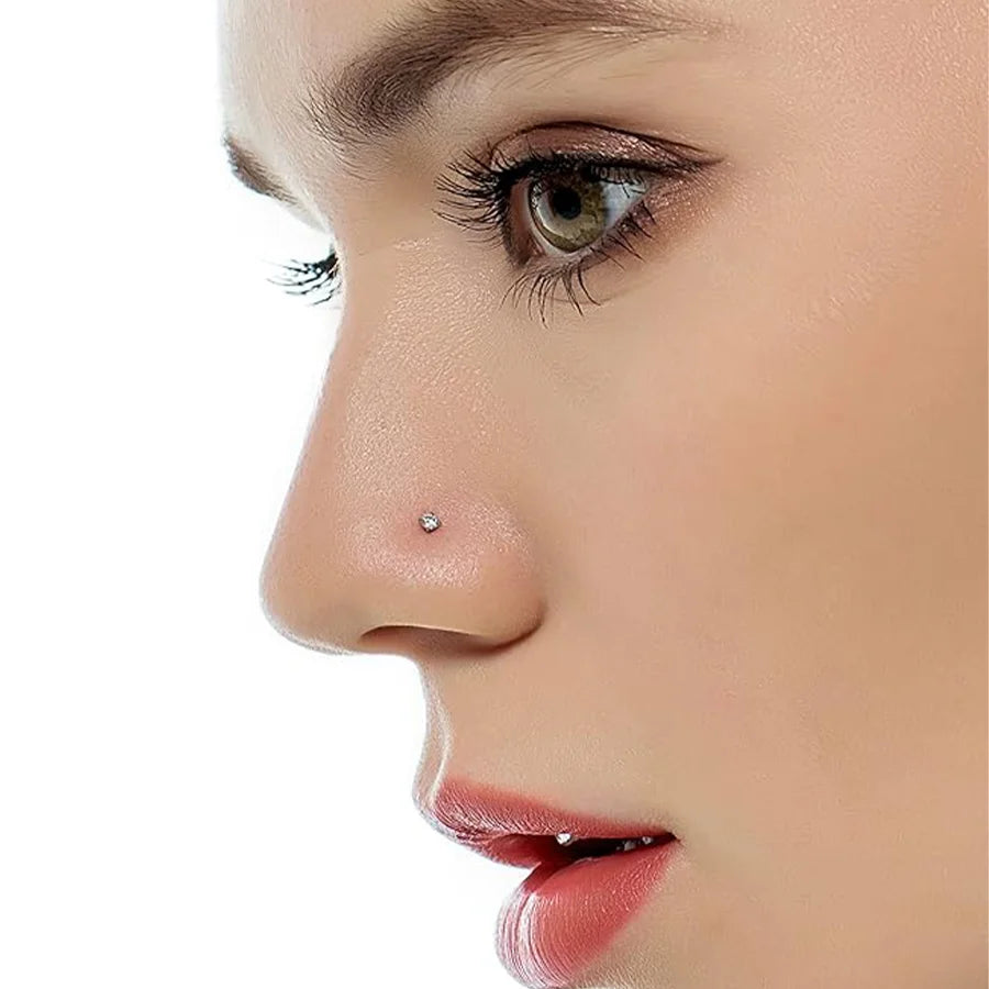 10Pcs Stainless Steel Screw Shaped Nose Studs Rings Square Round CZ Nose Ring Labret Nose Piercing Jewelry Silver Tone