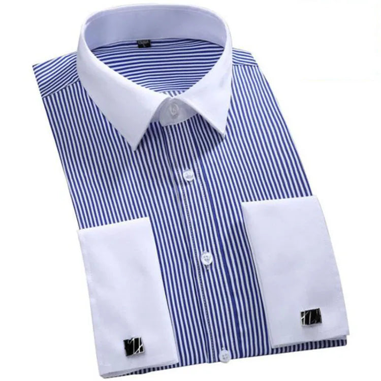 Fashion Mens French Cuff Dress Shirt New Long Sleeve Formal Business Buttons Shirts Regular Fit Cufflinks Wedding Tuxedo Shirt