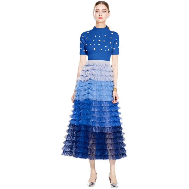 New Products Female Knitted Top Beaded Small Sweater Ladies French Retro Cake Skirt Two Piece Set
