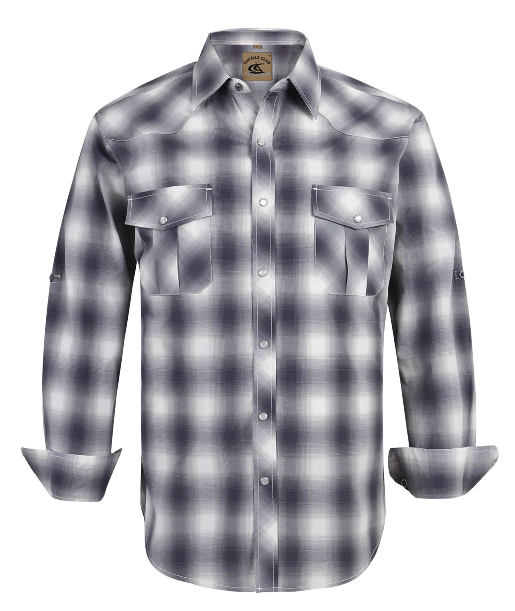 Men's Western Cowboy Long Sleeve Pearl Snap Casual Plaid Work Shirts
