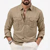 Spring Summer New European and American Men's Solid Color Shirt Multi-pocket Casual Long-sleeved Shirt