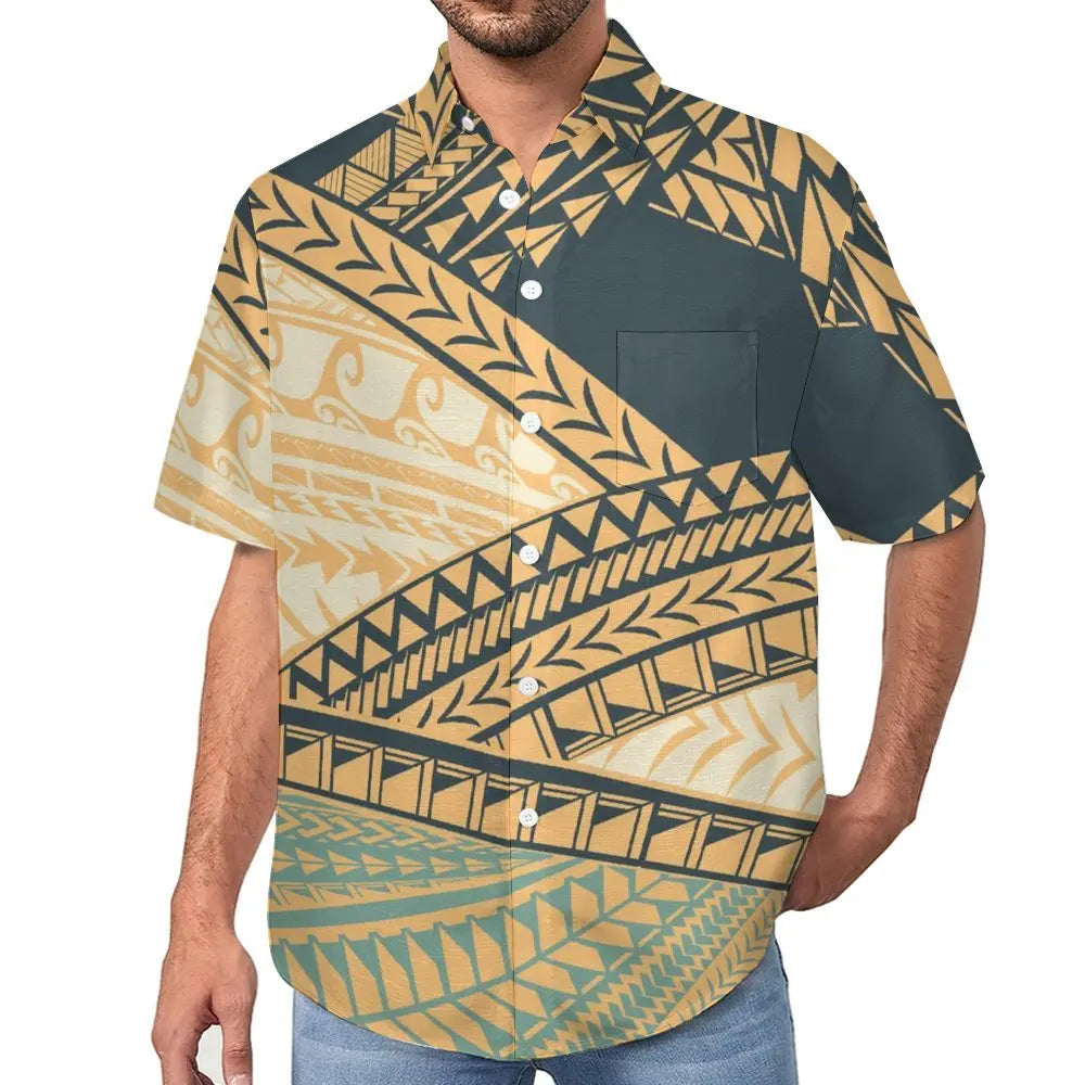 High Quality Samoan Short Sleeve Casual Hawaii Style Men's Shirts Tops Custom Printed Big Size Polynesian Tribal Aloha Shirts