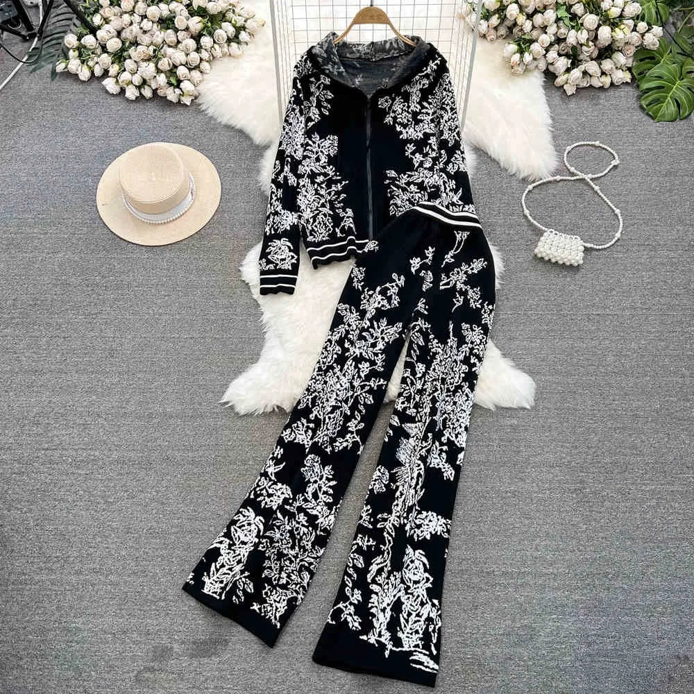 Fashion Suit Women'S Fall Winter Zipper Hooded Knit Sweater Pants Two Piece Set