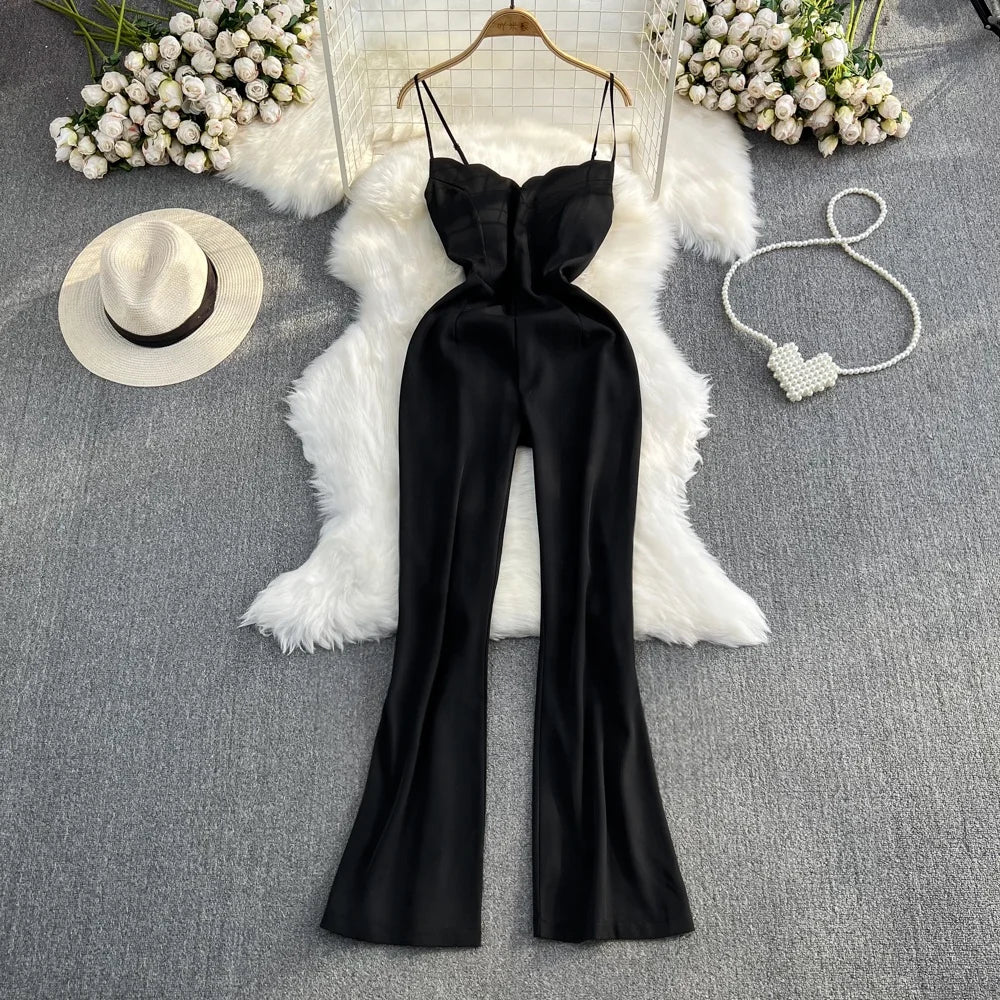 2025 V-neck Casual High Waist Slimming Jumpsuit Loose Flared Wide Leg Long Pants
