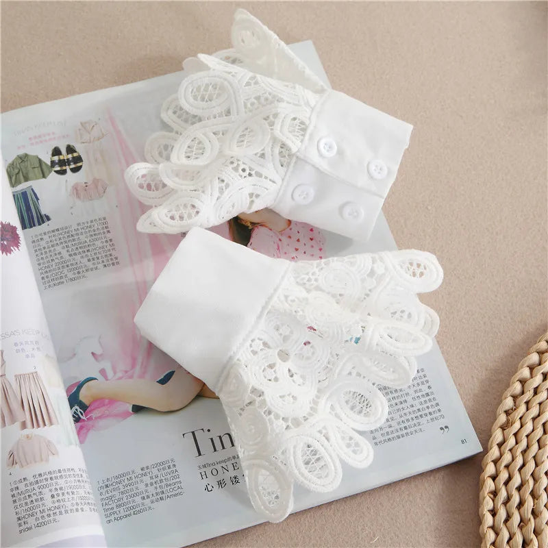 Women Hollow Detachable Sleeve Fake Cuffs Ladies Detachable Shirt Multi Layer Ruffles Solid Color White False Cuffs Wristband