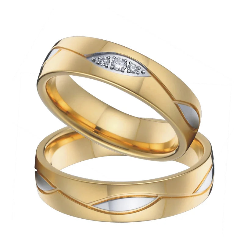 Custom 18K Gold Plated Vintage Inlay Zircon Trendy Stainless Steel Wedding Rings for Unisex Men's & Women's