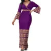 Hot Selling Flower Polynesian Tribal Bell Sleeve V Neck Long Maxi Slit Dress Custom Plus Size Womens Dresses Island Style Dress