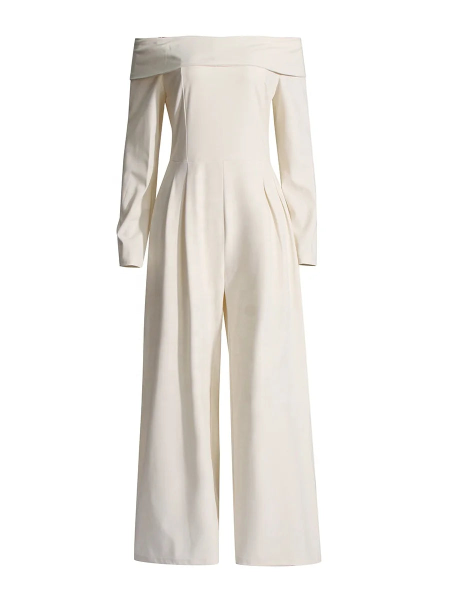OUDINA Spring New Off Shoulder Ruffles Long-sleeved Wide Leg Pants Jumpsuit for Women