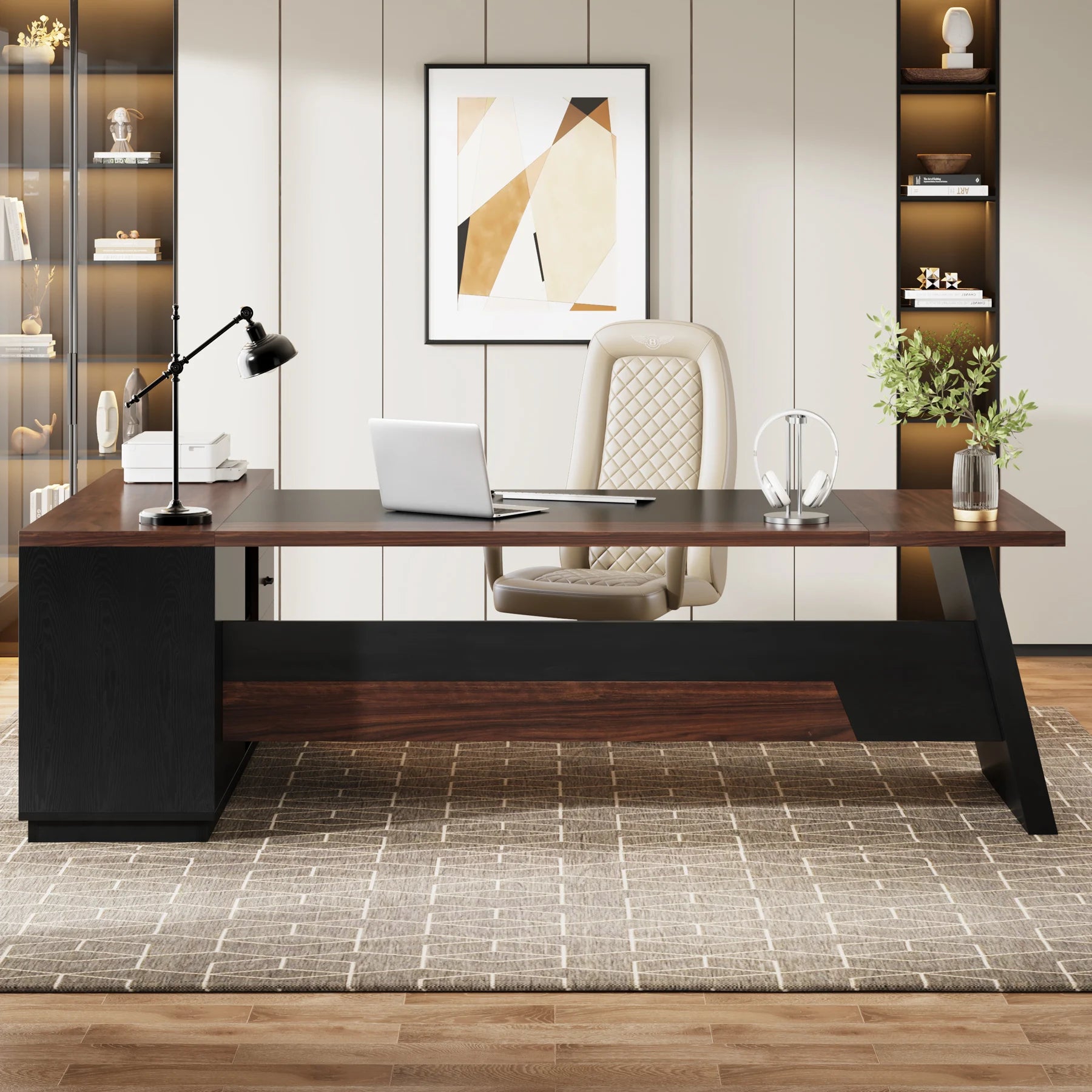L-Shaped Executive Desk, 78" Modern Office Desk with Drawers and Lateral File Cabinet, Large Computer Desk with Storage Shelve