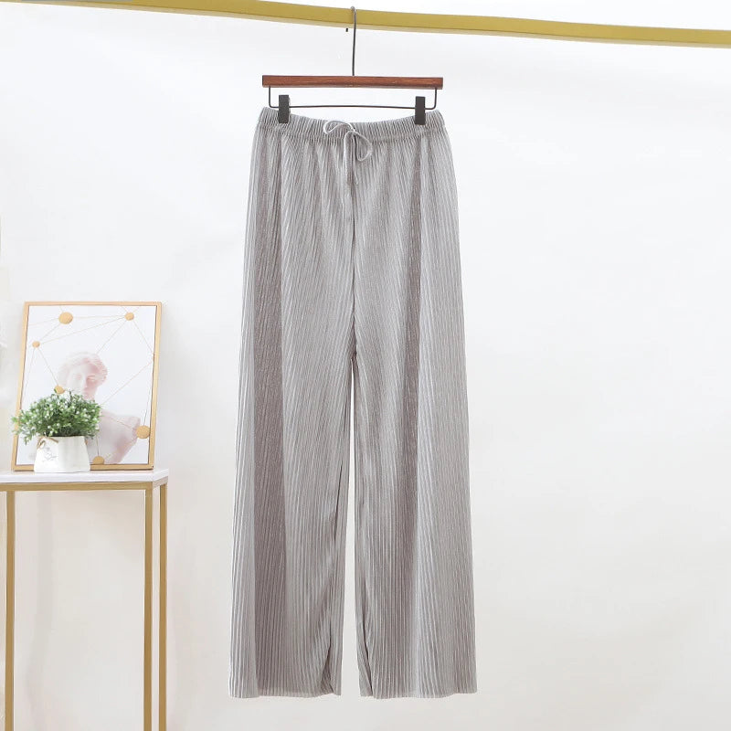 Women Fashion Summer Wide Leg Pants Pleated Ice Silk Trousers Elastic Waist Loose Casual Classic Base Girls Gifts Wear Pants