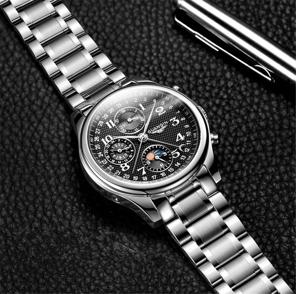 GUANQIN Leather Steel Mechanical Sapphire Men Watches Top Brand Luxury Waterproof Automatic Wristwatch Calendar Moon Phase