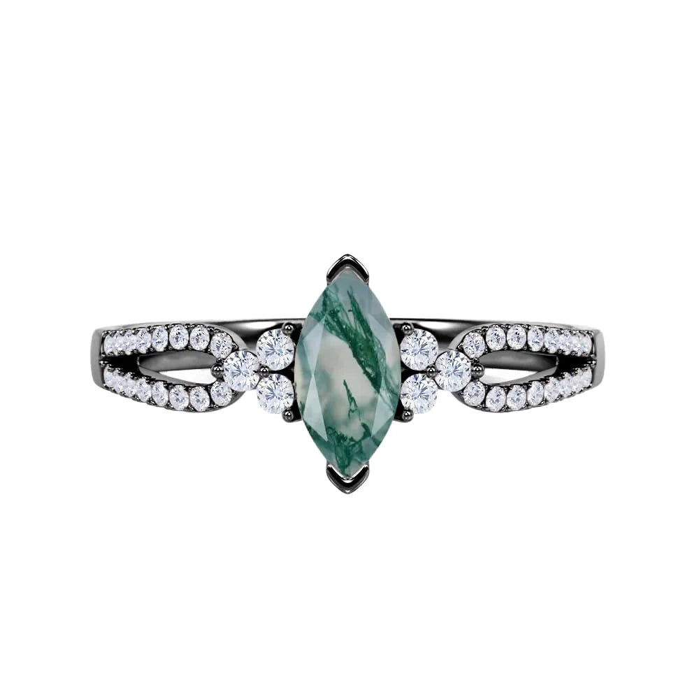 925 Sterling Silver Marquise Cut Engagement Ring with Moss Agate Moissanite Double Shank Engraved Design Prong Set Luxury Style