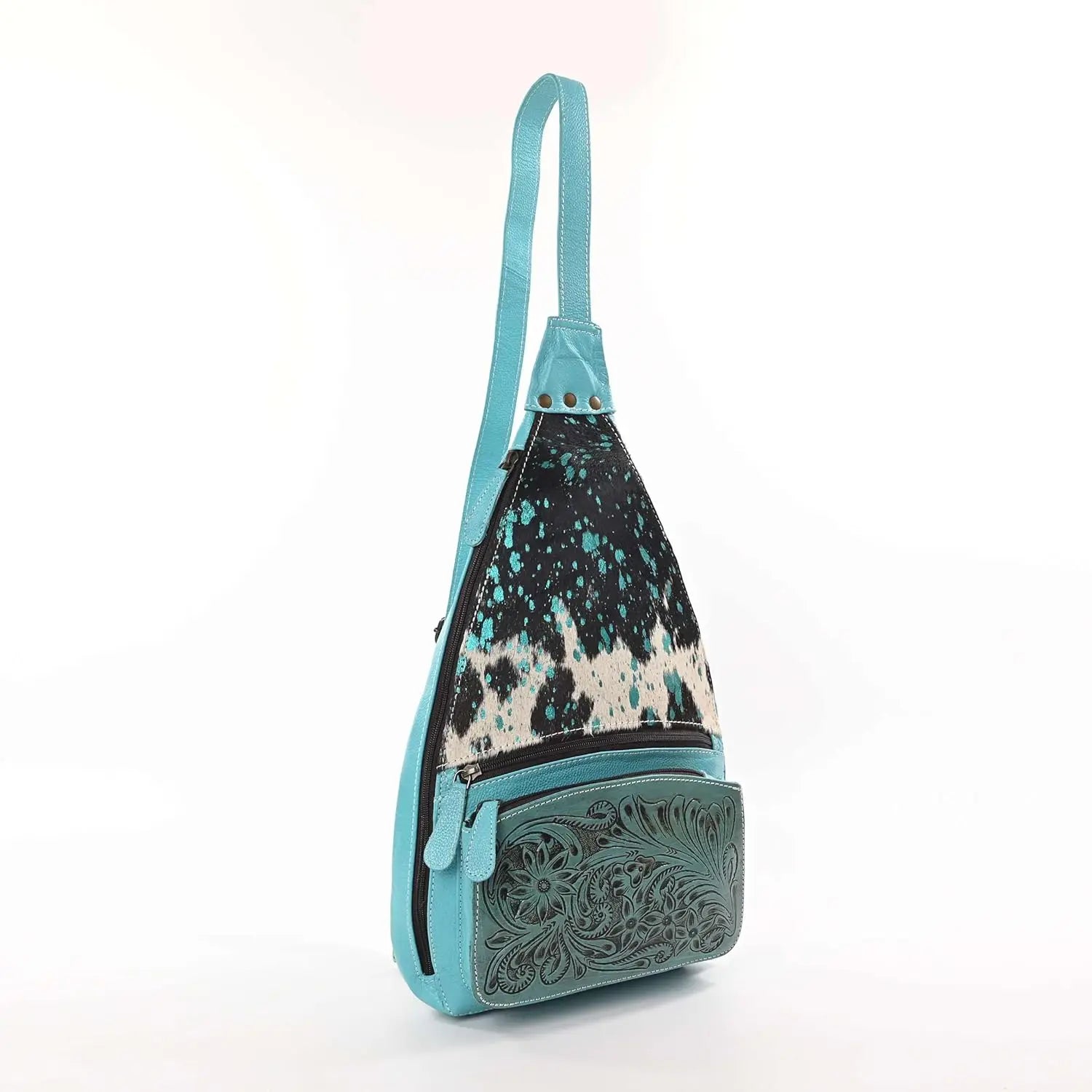 Unisex Cowhide Hair On Leather Sling Backpack Hand Tooled Western Crossbody Arm Bag