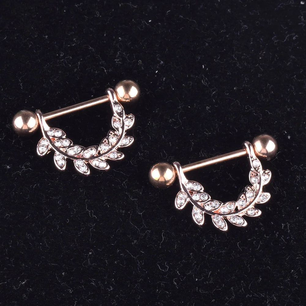 Trendy Nipple Rings 14 G Body Jewelry Piercing Shiny Tongue Nose Ring Barbell Leaf Shape Rings Stainless Steel for Women Girls