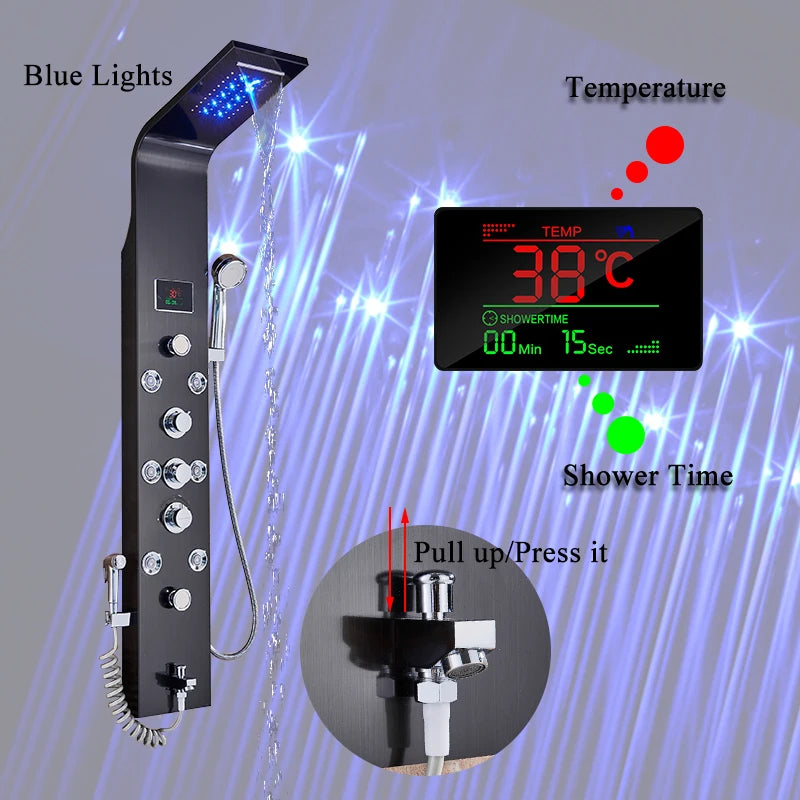 ULGKSD Black/Brushed Bathroom Shower Faucet LED Shower Panel Column Bathtub Mixer Tap With Hand Shower Temperature Screen
