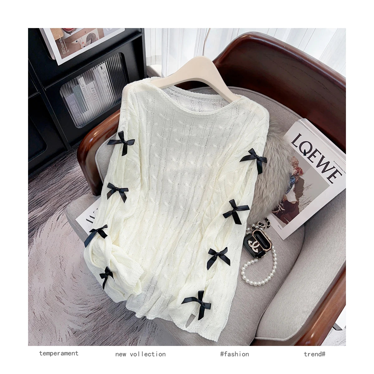 Boutique Wholesale 2025 Spring New Fashionable Hollow Horn Sleeve Bow Loose Women's Sweater