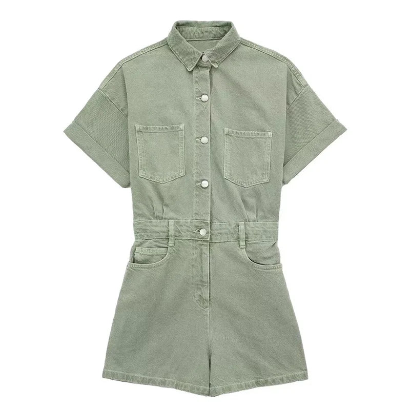 ZATRHMBM Women's Clothing 2025 Spring New Fashion Denim Short Jumpsuit Retro High Waist Zipper Placket Ladies Jumpsuit Mujer