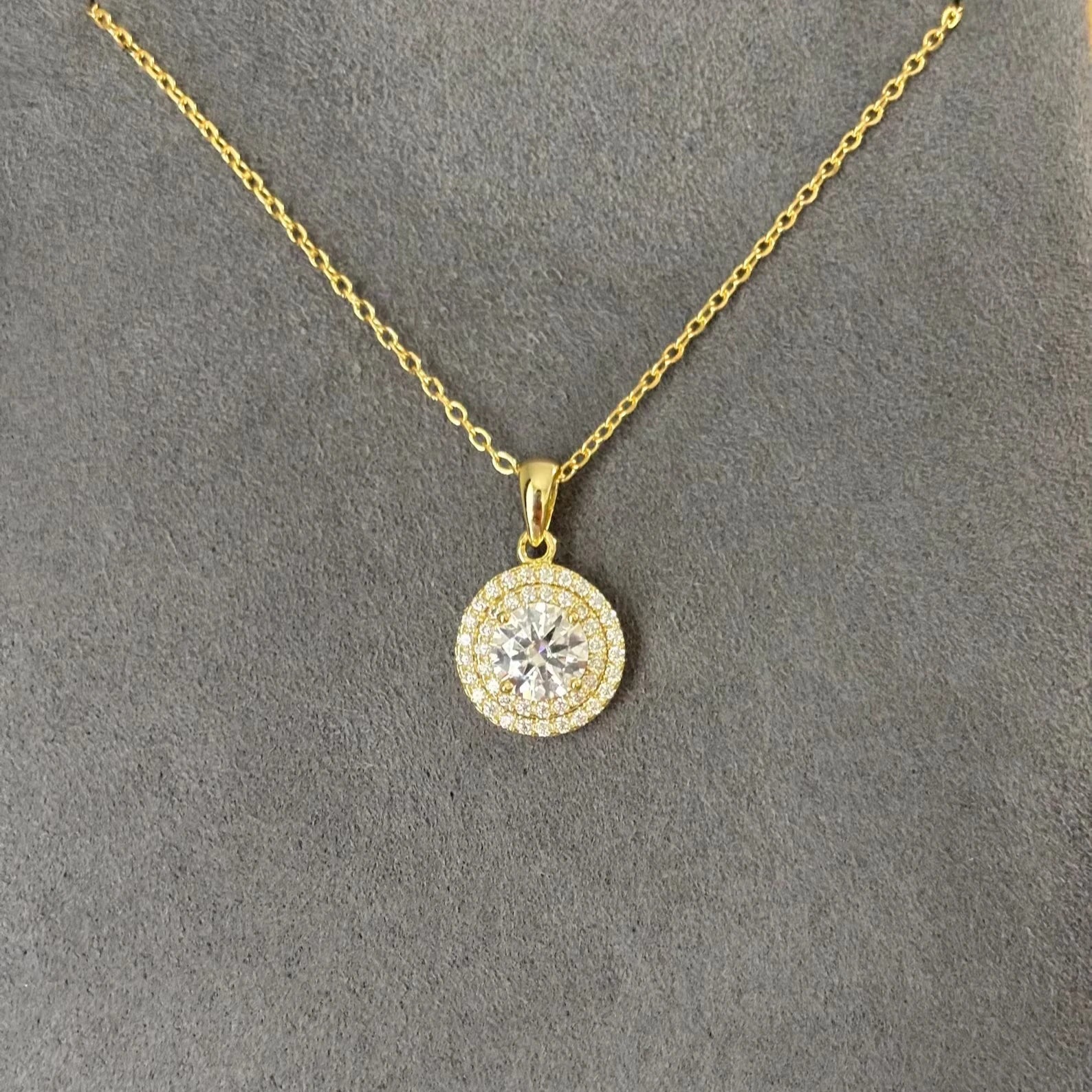 Dainty Christian Moissanite Double Halo Necklace Gold Plated Diamond Alternative Charms Pendant Party Stacking Jewelry