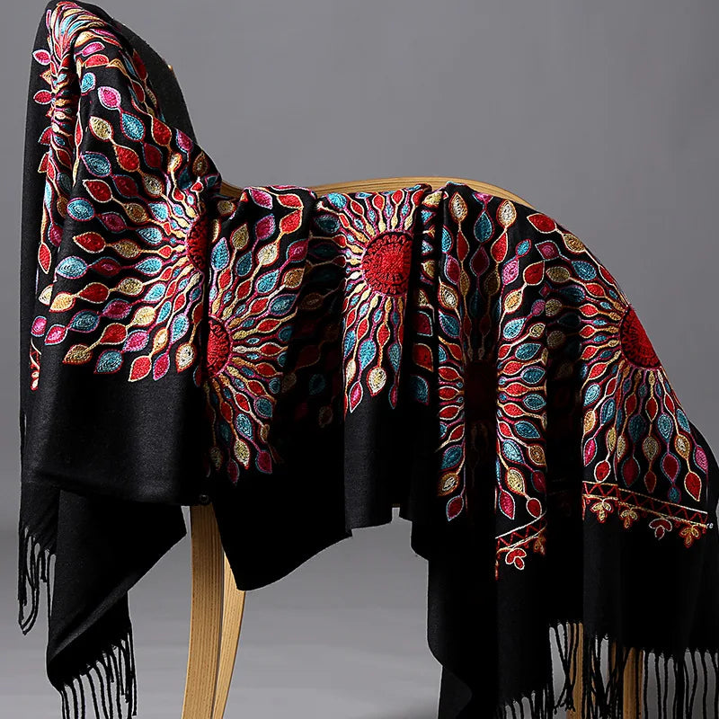 Wholesale JiYun 2025 Ladies Winter Scarf Shawl Floral Tassel Embroidery Soft Heavy Cashmere Feel-Hot Sale Winter Accessory
