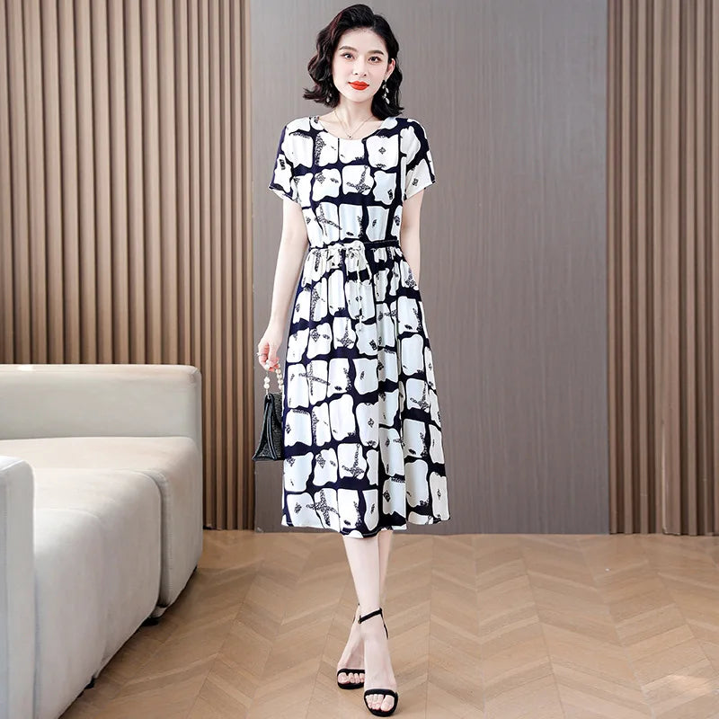 Women Floral Printed Summer Dresses O-neck Short Sleeve Fashion Printing Women's Simple Flower A-line Casual Dress