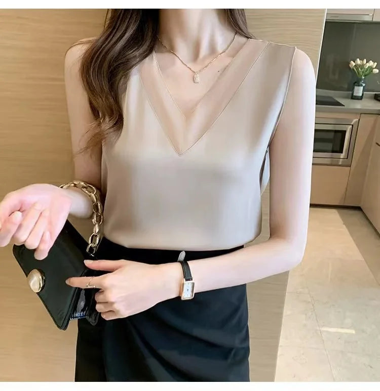 Milan New Style Hot Selling Ladies Spring Summer Autumn Luxury V-neck Real Silk Halter tank Top Women